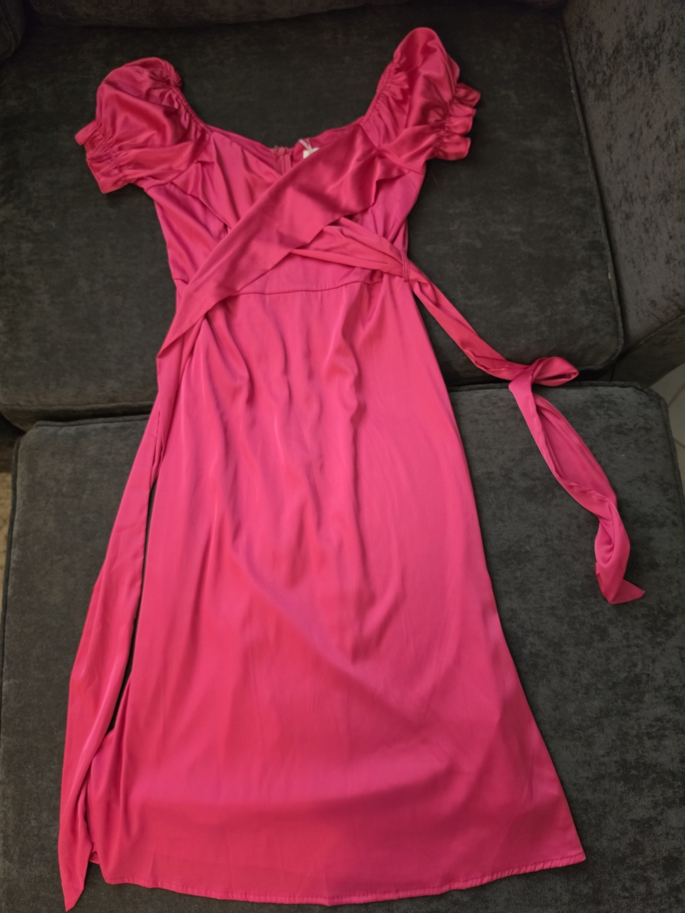 Fuchsia Puff-Sleeve Wrap Midi Dress with Waist Tie